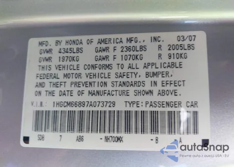 2007 Honda Accord 3.0 Ex из США, поврежденный, VIN 1HGCM66897A073729